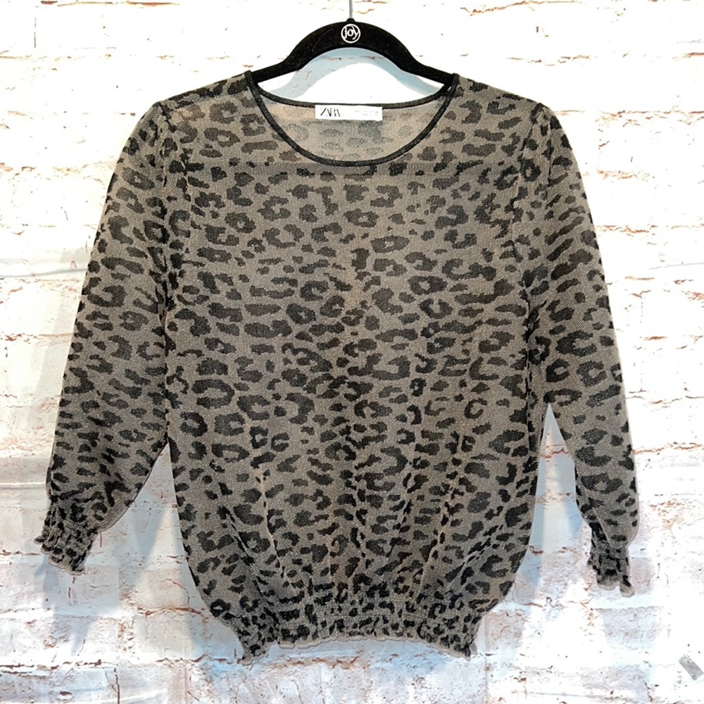 Zara Mesh leopard print sheer pullover Large cinched waist crew neck sweater